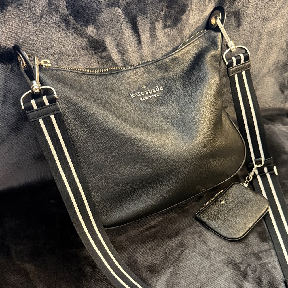 kate spade Black Leather Shoulder Bag with Striped Strap